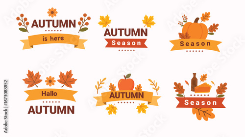 Autumn typography badges with leaves pumpkins and seasonal greetings