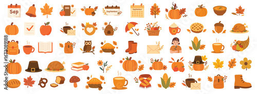Thanksgiving and autumn icon set with seasonal food decorations