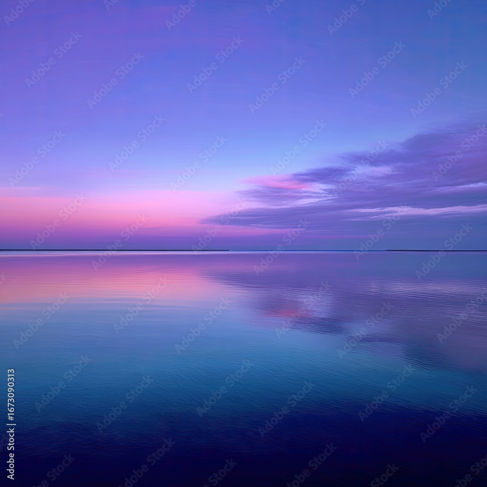 Fototapeta premium Serene twilight reflecting on a still lake. A tranquil scene of a calm lake mirroring a vibrant, colorful sunset sky of pinks, purples, and blues. Soft clouds are present near the horizon