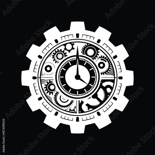 Black and White Clock with Gear Symbol