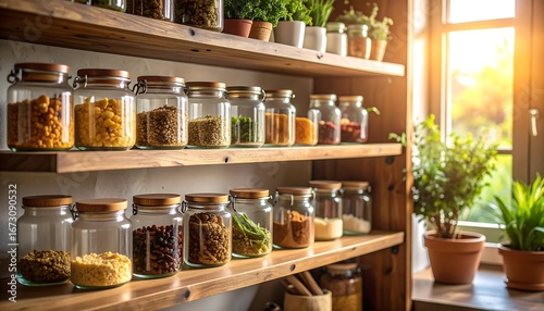 Sunlit kitchen shelves hold glass jars of dried foods and potted herbs
