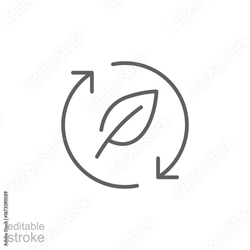 Biodiversity icon. Simple outline style. Ecology featuring a leaf encircled by arrows, sustainability, nature, ecological practices concept. Thin line symbol. Vector isolated design. Editable stroke