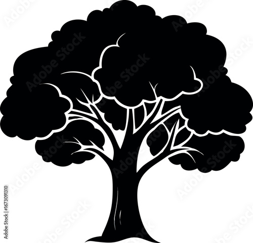 A stylized black and white vector illustration of a majestic old tree, representing the profound concepts of life, growth, and nature's strength