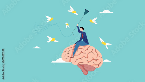 new creative idea searching process, mindset development or learn new skill, contemplation to find solutions or innovations, businessman riding human brain using butterfly net to catch light bulb idea
