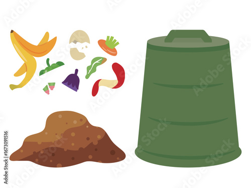 コンポスト容器と生ごみと堆肥のイラスト
