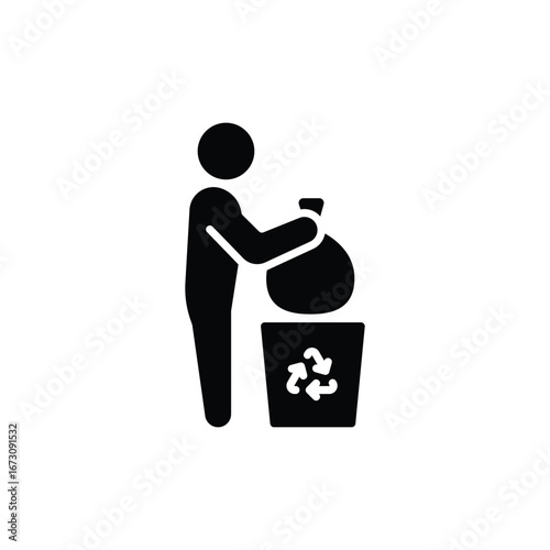 People and rubbish bin icon. Simple solid style. Person holding a sack of trash, cleanup, garbage, ecology, environment concept. Silhouette, glyph symbol. Vector isolated design