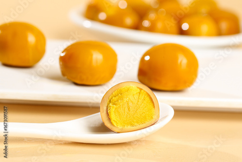 Photos Salt-Baked Quail Eggs with Golden Yolks on White Dishes - Country Style Gourmet