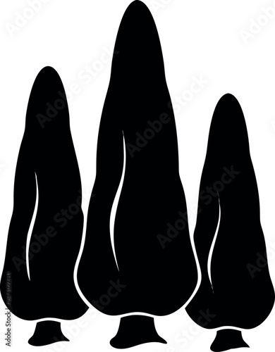 A striking black silhouette of three tall, stylized cypress trees, representing nature, growth, and tranquility in a minimalist design