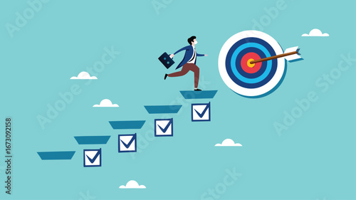 personal development goals for work, train specific skills or competencies to achieve career success, self improvement or career growth, Businessman walk up checklist as a ladder to reach target
