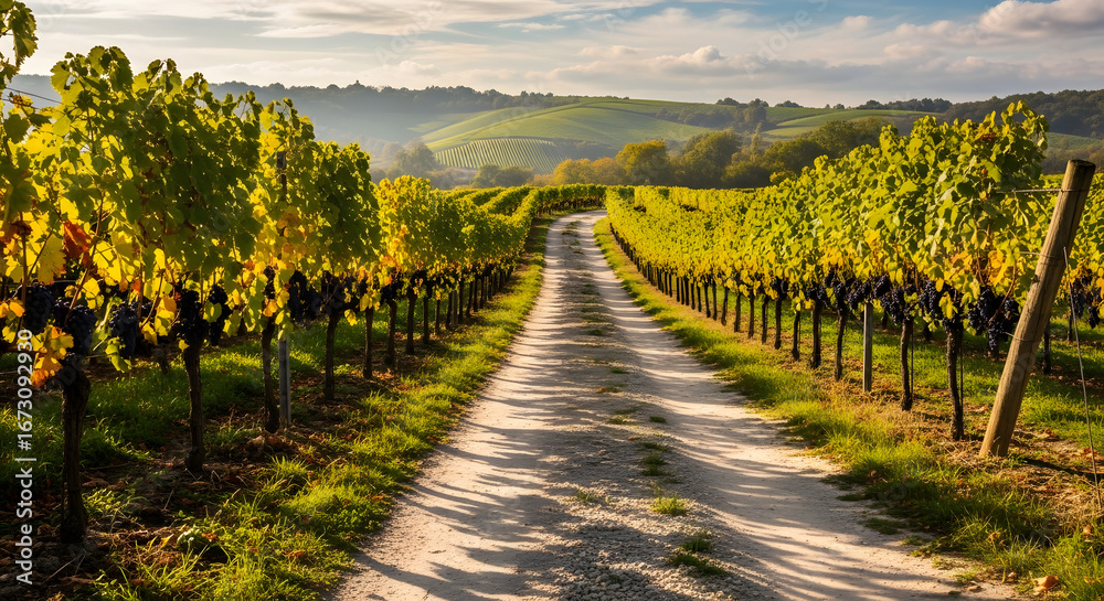 Naklejka premium Sun-Kissed Vineyard: A Serene Path Through Grape-Laden Vines Under a Tranquil Sky, Offering a Glimpse into the Heart of Wine Country's Natural Splendor and Abundant Harvest
