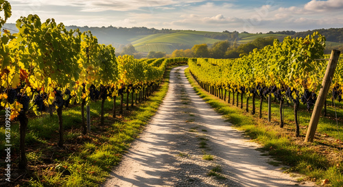 Sun-Kissed Vineyard Serenity: A Tranquil Journey Through Rows of Grapevines Leading to Rolling Hills Under a Blue Sky, Perfect for Wine Enthusiasts and Nature Lovers Seeking a Moment of Peace and