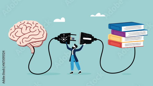read books to learn new lessons, literature or intelligence information, improve literacy and numeracy skills, businessman connect plug with stack of book with human brain concept vector illustration
