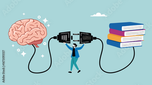 read books to learn new lessons, literature or intelligence information, improve literacy and numeracy skills, businessman connect plug with stack of book with human brain concept vector illustration
