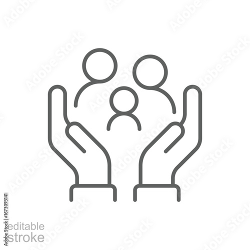 Family care icon. Simple outline style. Two hands holding or hugging group people, group life insurance, caring hands family medicine concept. Thin line symbol. Vector isolated design. Editable stroke