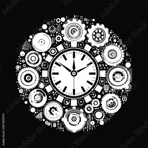 Black and White Clock with Gear Symbol