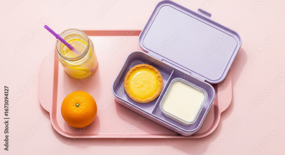 Naklejka premium Top view studio shot with pudding jar tart and fruit tray