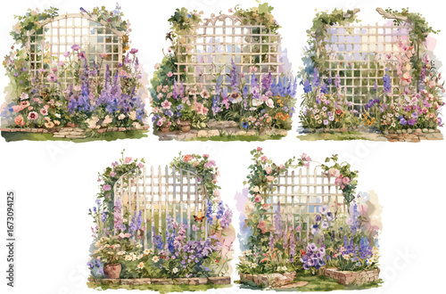 garden trellis watercolor clipart 