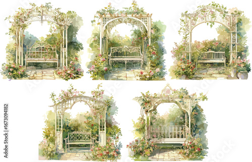 garden trellis watercolor clipart 