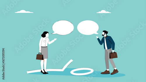 different opinion because different viewing angle, differences in ways of thinking or searching for solutions, businessman and woman argue from different points of view to determine number nine or six