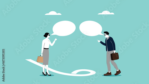 different opinion because different viewing angle, differences in ways of thinking or searching for solutions, businessman and woman argue from different points of view to determine number nine or six