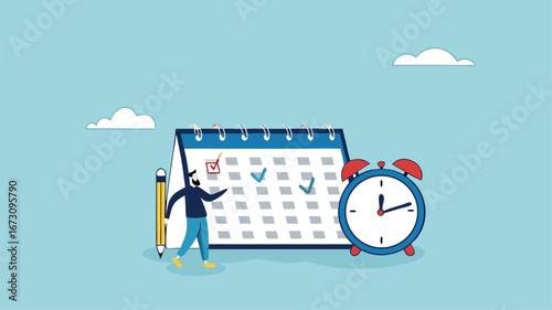 businessman make a red circle on important day on calendar vector illustration, calendar date of important appointment, reminder or schedule of meeting or event, work deadline or launch date planning
