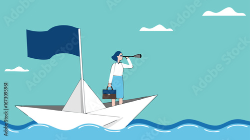 Successful business woman sailing on a sea in a pirate ship