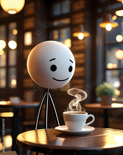 Whimsical stickman in cozy café with steaming coffee cup