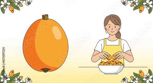 Joyful Harvest Depiction With Luscious Loquats And A Woman Preparing Golden Fruit