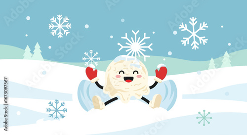 Joyful Ice Cream Character Enjoying Snowfall During A Snowy Winter Day Illustration