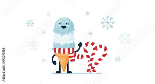 Joyful Ice Cream Cone Greeting Candy Cane in Winter Wonderland for Festive Celebration