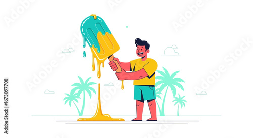 Joyful Individual Holding a Melting Ice Cream on a Sunny Tropical Beach with Palm Trees