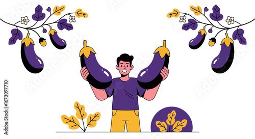 Joyful Individual Holding Giant Eggplants Celebrating Crop Harvest And Abundance