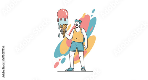 Joyful Individual Holding Up a Refreshing Ice Cream Cone, Colorful Illustration