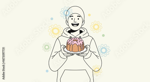 Joyful Individual Presents Frosted Delight, Smiling With Glee And Sweet Indulgence