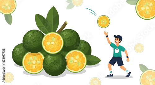 Joyful Individual Plays With Citrus Fruits and Lush Green Foliage In Vibrant Illustration