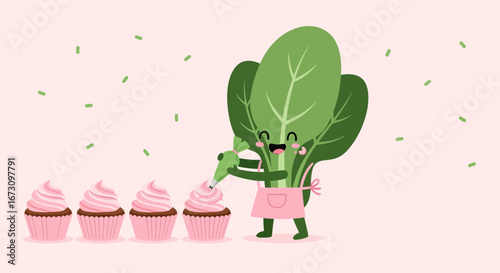 Leafy Character Icing Cupcakes: A Whimsical Illustration with Rosy Frosting