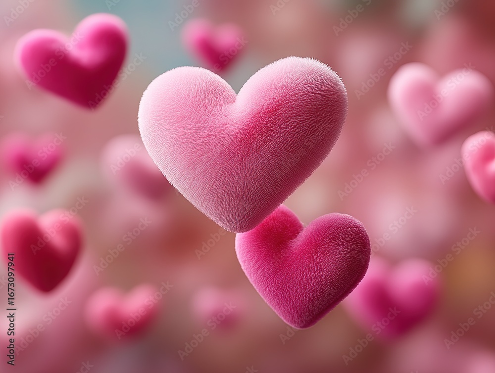 Obraz premium Valentine's Day Pink Hearts Background with Flying Soft Plush Hearts, Postcard Style High Resolution