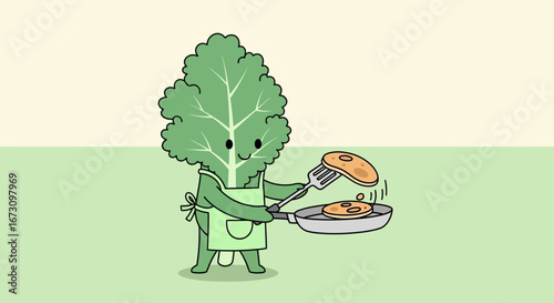 Leafy Chef Cooking Pancakes, Delightful Cartoon, Food Preparation, and Whimsical Illustration