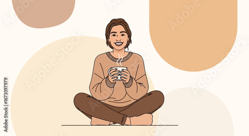 Joyful Lady In A Comfortable Position Holding And Enjoying A Hot Beverage