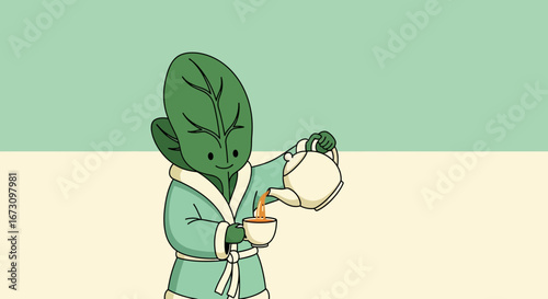 Leafy Creature Pours Tea While Relaxing In a Robe for a Moment of Peace
