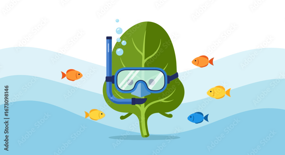 Naklejka premium Leafy Explorers Embracing Underwater Realms With Aquatic Creatures And Snorkeling Gear
