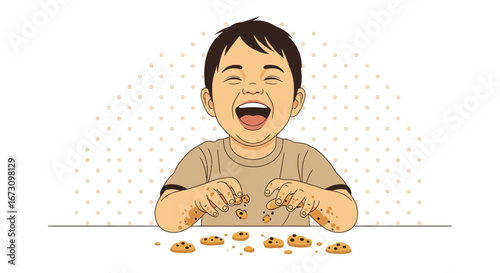 Joyful Little Boy Devouring Delicious Cookies with Glee on A Light-Colored Table