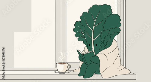 Leafy Friend Cozying Up With A Book And A Warm Beverage At The Window