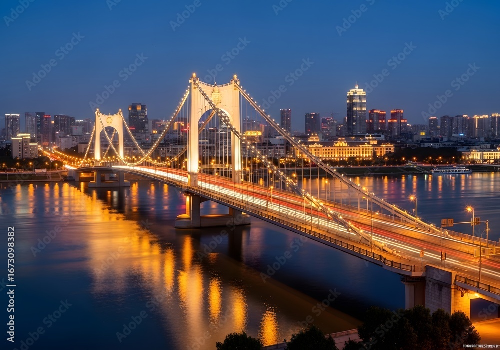 Fototapeta premium Night View of Illuminated Suspension Bridge over River