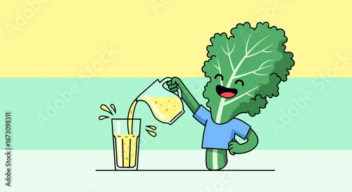 Leafy Green Cartoon Character Pouring Juice Into a Glass for Healthy Lifestyle Enjoyment