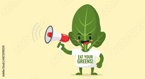 Leafy Green Cartoon Encouraging Healthy Eating Habits with a Megaphone Announcement