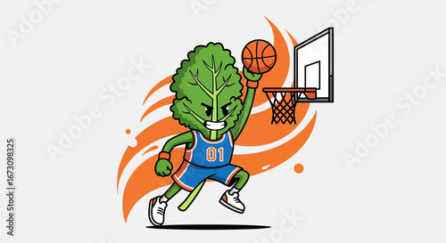 Leafy Green Basketball Player Making A Powerful Slam Dunk Creative Artwork
