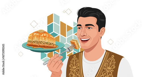 Joyful Man Savoring Baklava, Delightful Dessert Experience, Delicious Confection Delight