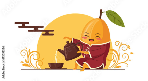 Joyful Mango Character Brewing Tea In Traditional Attire Against Yellow Background