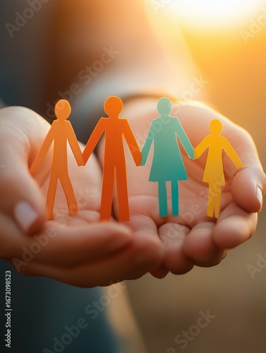 A pair of hands holds colorful paper cutouts of diverse people, symbolizing unity, diversity, and community support against a soft, warm background.